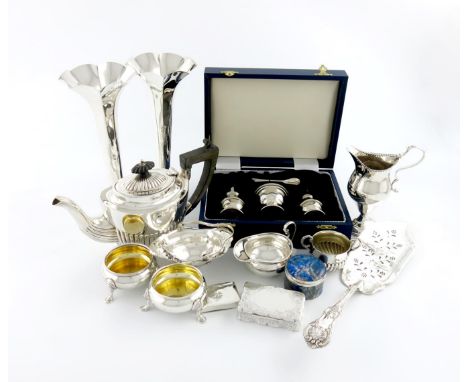 A mixed lot, comprising silver items: a George III cream jug, London 1786, a bachelor's teapot, a pair of vases, a pair of sa