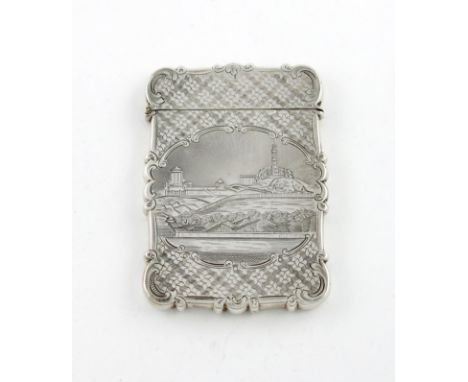 A Victorian silver engraved 'castle-top' card case, Calton Hill, Edinburgh, by Nathaniel Mills, Birmingham 1851, rectangular 