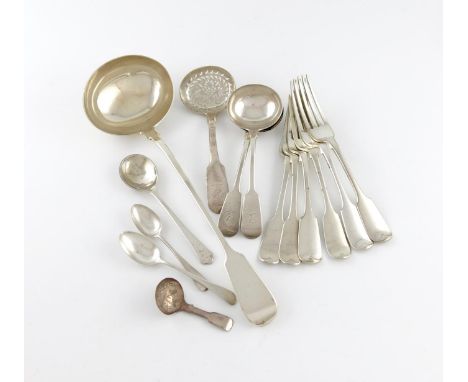 A mixed lot of silver flatware, comprising Fiddle pattern: a soup ladle, by George Adams, London 1857, a pair of sauce ladles