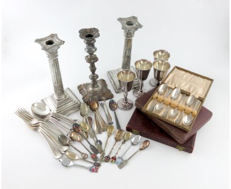 A mixed lot, comprising silver items: a pair of candlesticks, by Williams Limited, Birmingham 1918, Corinthian column form, b