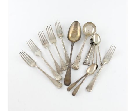 A mixed lot of silver flatware, various dates and makers, comprising: a Scottish ladle, Glasgow 1823, a tablespoon, six desse