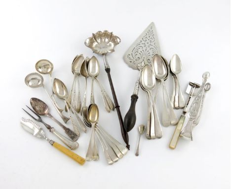 λ A mixed lot of silver flatware, comprising: a George III serving trowel, pierced decoration, London 1759, a George II toddy