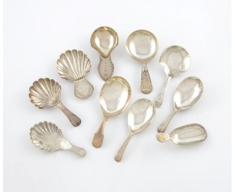 A collection of ten antique silver caddy spoons, various designs, comprising: one by R. Ferris, Exeter, one by Elizabeth Morl