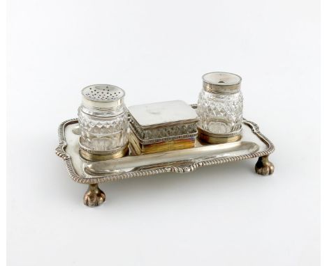 A George III provincial silver inkstand, by Cattle and Barber, York 1812, rectangular form, gadroon and foliate border, with 