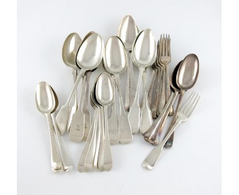 A mixed lot of silver flatware, comprising: a set of six George III Scottish silver Celtic-point dessert spoons, Edinburgh 17