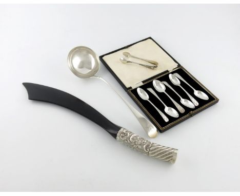 A mixed lot of silver items, comprising: a George III Old English pattern soup ladle, by Richard Crossley, London 1785, the t