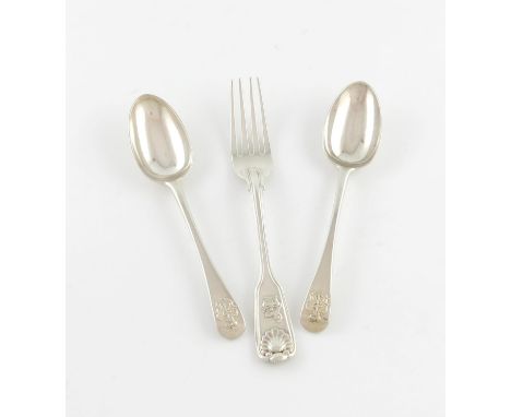 A pair of Victorian silver Admiralty pattern dessert spoons, by John Samuel Hunt, London 1860, the terminals with the anchor,