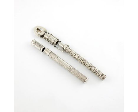 A silver thermometer case, by S. Mordan and Co, also with a French import mark, engine-turned decoration, pull-off cover, plu