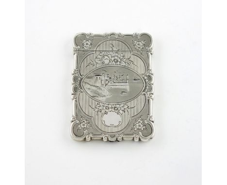 A Victorian silver engraved 'castle-top' card case, Harbour Scene, by Edward Smith, Birmingham 1850, rectangular form, the fr