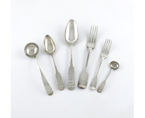 A collection of Scottish silver Fiddle pattern flatware, various makers including Alexander Spence, J W Howden & Co, James Mc
