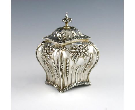 A late-Victorian silver tea caddy, by Hawksworth, Eyre and Co, London 1896, rectangular bombé form, fluted, bead and foliate 