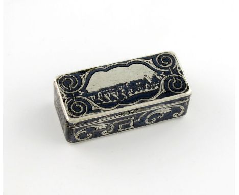 A 19th century Russian silver and niello work snuff box, Moscow 1858, rectangular form, the hinged cover with a townscape sce