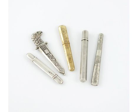 A small collection of five 19th century needle cases, comprising: a French gold example, of tapering rectangular form, a silv