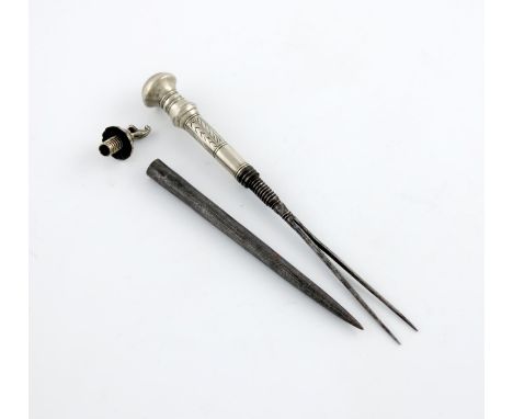 A silver handled pair of steel tweezers/travelling fork in a steel sheath, unmarked, the tapering handle with engraved decora