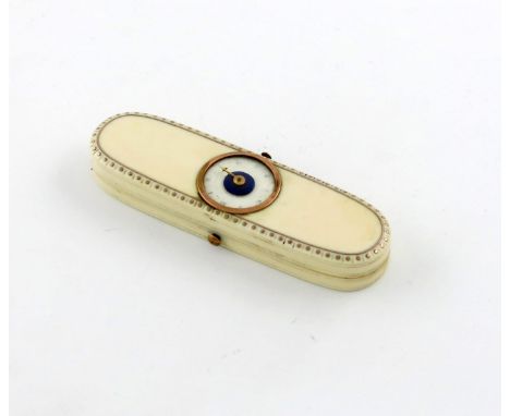 λ A George III ivory toothpick box, circa 1800, oblong form, the hinged cover with a whisk counter marker under glass, the di
