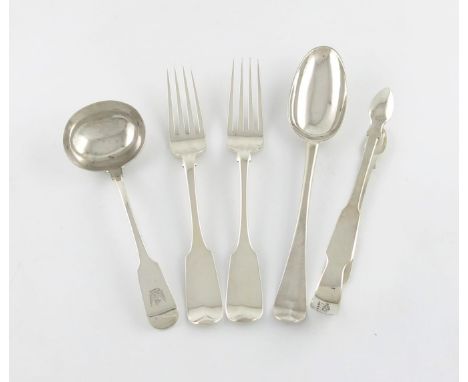 A mixed lot of antique Irish silver flatware, comprising: a Hanoverian pattern tablespoon, by Francis Jones, Dublin 1765, the