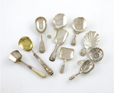A collection of ten antique silver caddy spoons, various designs, comprising: a William IV one by Unite & Hilliard, Birmingha