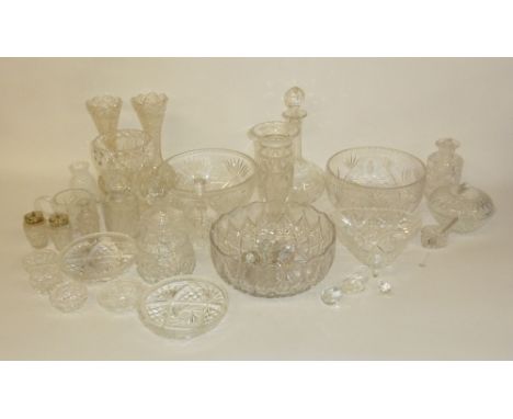 GLASS - SMALL CAITHNESS VASE AND VARIOUS CUT GLASS - 3 FRUIT BOWLS, SUGAR AND CREAM SET, TRIANGULAR DISH ON SCROLL FEET, PAIR