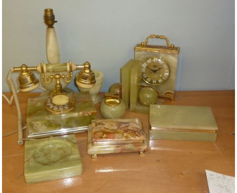 GILT METAL AND ONYX CRADLE TELEPHONE, VERY SIMILAR OBLONG MANTEL CLOCK AND EIGHT OTHER ONYX PIECES, INCLUDING PAIR BOOKENDS, 