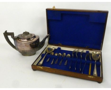 A SILVER PLATE TEA POT WITH EBONY HANDLES AND FINIAL AND MAHOGANY CASED SILVER PLATE CUTLERY