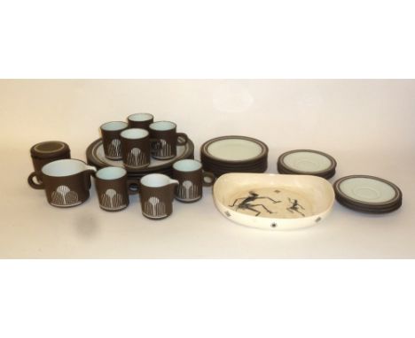 TWENTY ONE PIECE HORNSEA POTTERY 'IMPACT' COFFEE SERVICE FOR SIX PERSONS, FIVE MATCHING PLATES AND A WADE ROUNDED OBLONG DISH
