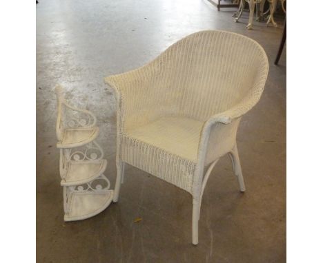 WHITE LOOM TUB CHAIR AND A WHITE PAINTED WICKER THREE TIER CORNER WALL SHELF (2) 