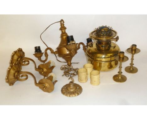 PAIR OF BRASS CANDLESTICKS, AN OLD OIL LAMP, CENTRE LIGHT AND TWO WALL LIGHTS 