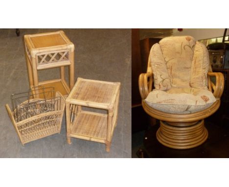 A MATCHING REVOLVING ARMCHAIR AND A SMALL BAMBOO COFFEE TABLE, A DITTO LAMP TABLE AND A MAGAZINE RACK (4) 