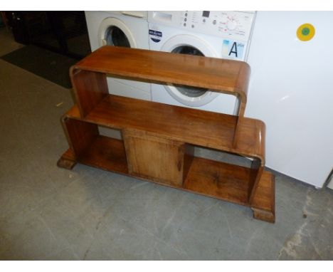 AN ART DECO WALNUTWOOD DWARF TWO TIER OPEN BOOKCASE WITH SMALL CUPBOARD 