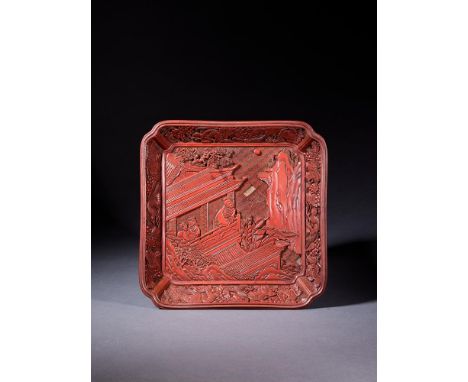 A CHINESE RED CINNABAR LACQUER CARVED SQUARE DISH MING DYNASTY, 16TH-17TH CENTURY Decorated to the interior with the Tang dyn