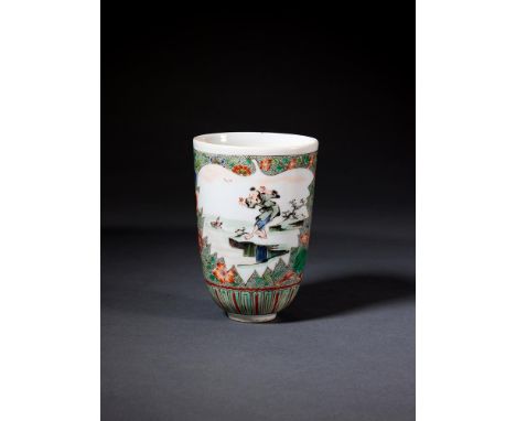 A CHINESE FAMILLE VERTE 'FISHERMAN' BEAKER QING DYNASTY, KANGXI PERIOD (1662-1722) Painted with leaf-shaped panels of figures