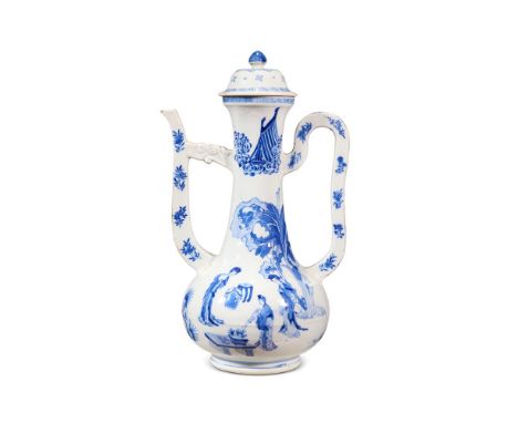 A CHINESE BLUE AND WHITE PEAR-SHAPED EWER AND COVER  QING DYNASTY, KANGXI PERIOD (1662-1722)  Painted on one side with a lady