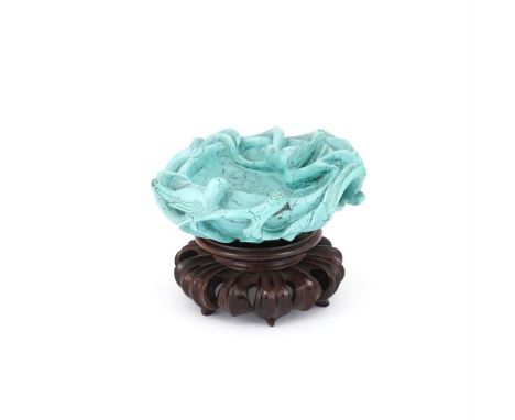 A CHINESE TURQUOISE SMALL 'BIRDS AND NEST' BOWL QING DYNASTY with purple veining, carved with openwork branches and leaves to