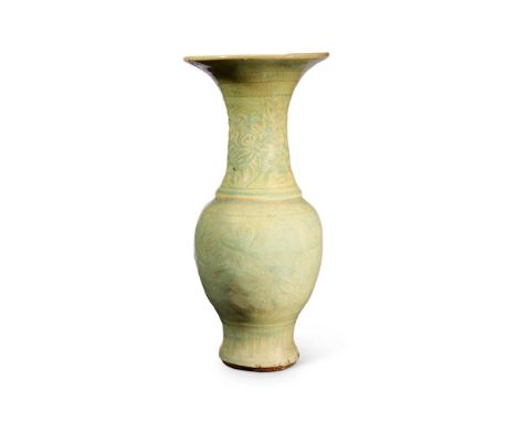 A CHINESE CELADON-GLAZED 'LONGQUAN' VASE MING DYNASTY, 16TH OR 17TH CENTURY with moulded floral decoration under a sea-green 