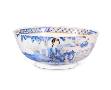 A CHINESE BLUE-ENAMEL PORCELAIN BOWL QING DYNASTY, 18TH CENTURY  Painted with a lady and two boys in a landscape, in overglaz