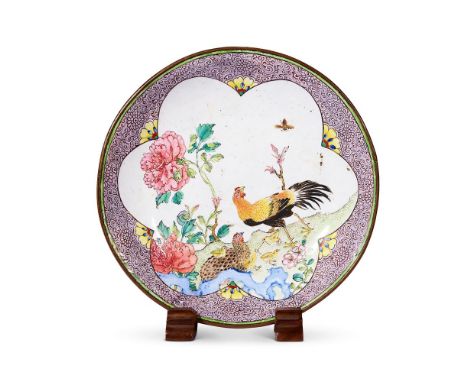 A CHINESE FAMILLE ROSE CANTON ENAMEL 'COCKEREL AND QUAIL' DISH QING DYNASTY, YONGZHENG OR EARLY QIANLONG, 18TH CENTURY Well p