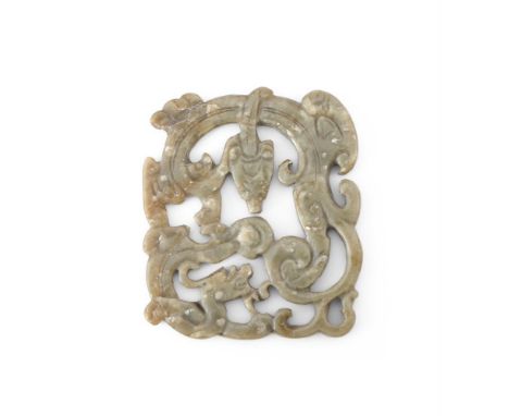 A CHINESE CELADON JADE OPENWORK 'DRAGON' PENDANT SONG OR MING DYNASTY Carved with two intertwined chilong dragons, with R.H.R