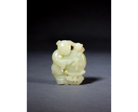 A CHINESE PALE CELADON JADE CARVING OF A 'BOY AND DRUM' QING DYNASTY, 18TH OR 19TH CENTURY The father depicted holding a chim