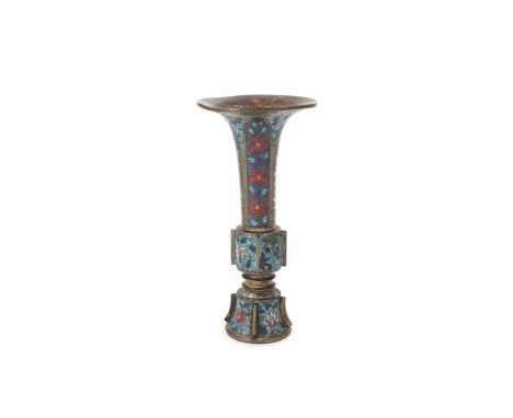 A CHINESE CLOISONNE ENAMEL BEAKER VASE, GU MING DYNASTY, 16TH CENTURY Of archaic form, decorated around the trumpet neck with