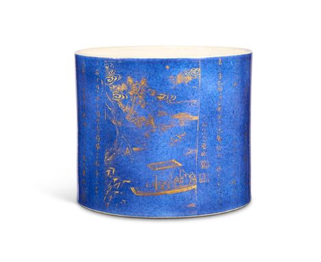 A CHINESE POWDER-BLUE CYLINDRICAL BRUSHPOT, BITONG KANGXI PERIOD (1662-1722)  With gilt inscription and landscape panels rela