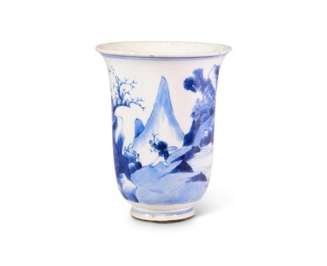 A CHINESE BLUE AND WHITE PORCELAIN BEAKER  QING DYNASTY, KANGXI PERIOD (1662-1722) Of flared form painted with a continuous m