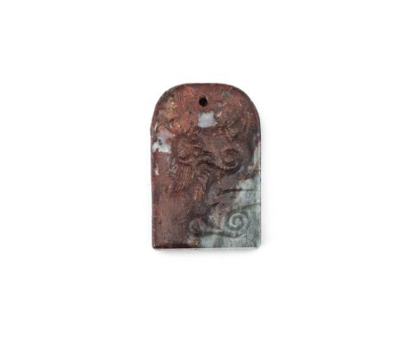 A CHINESE RUSSET AND CELADON JADE 'BIXIE' PENDANT SONG OR YUAN DYNASTY Carved to both sides in low relief with the horned myt