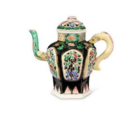 A CHINESE FAMILLE NOIRE HEXAGONAL 'THREE FRIENDS OF WINTER' TEAPOT AND COVER  QING DYNASTY, KANGXI PERIOD (1662-1722)  With f