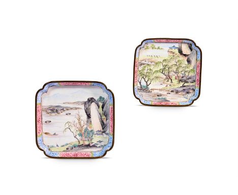 A PAIR OF CHINESE CANTON ENAMEL SQUARE DISHES QING DYNASTY, 18TH CENTURY Of canted square shape, painted with riverside lands