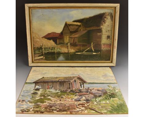 Harry ArmitageWaterside Barninscribed to verso, oil on canvas, 39.5cm x 60cm; K Sandberry, The Boathouse, signed, dated 1946,