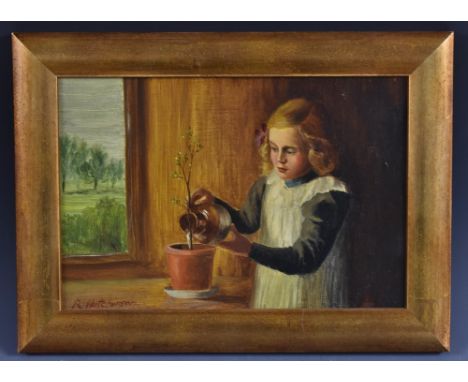 R HutchinsonTender Care, The Young Arboriculturist signed, oil on canvas, 19.5cm x 29cm