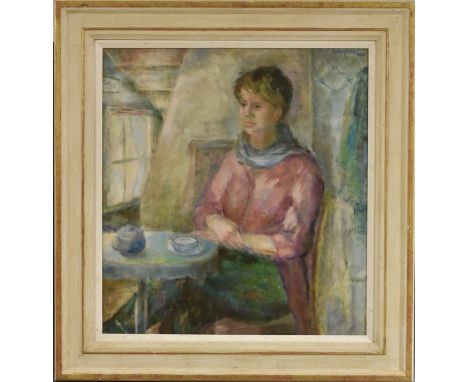 J Borghgraef (20th century)Tea for One, Portrait of a Ladysigned, oil on hardboard, 63cm x 58cm 
