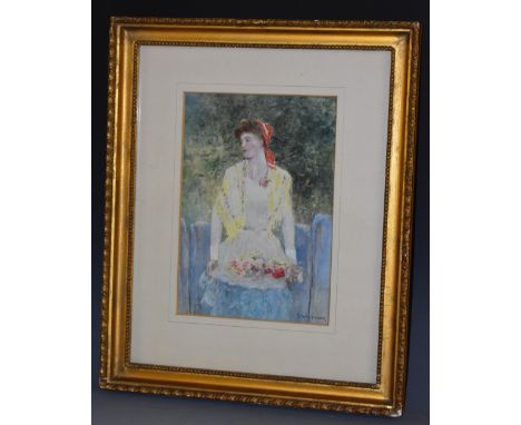 David Woodlock (1842 - 1929)Gathering Roses, Portrait of a Young Girlsigned, watercolour, 24.5cm x 17.5cm