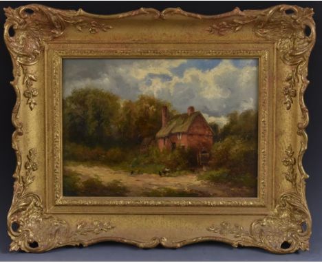 Enoch Crossland, (19th century)At the Garden Gate, Thatched Cottage and Chickenssigned, oil on mahogany panel, 23.5cm x 33cm 