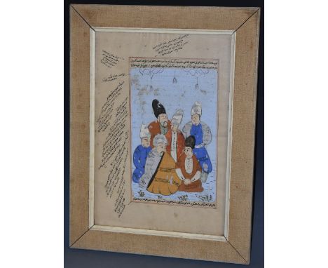 Persian SchoolAn Islamic Manuscript Page, painted with figureswatercolour, gouache and calligraphy, 28.5cm x 19.5cm